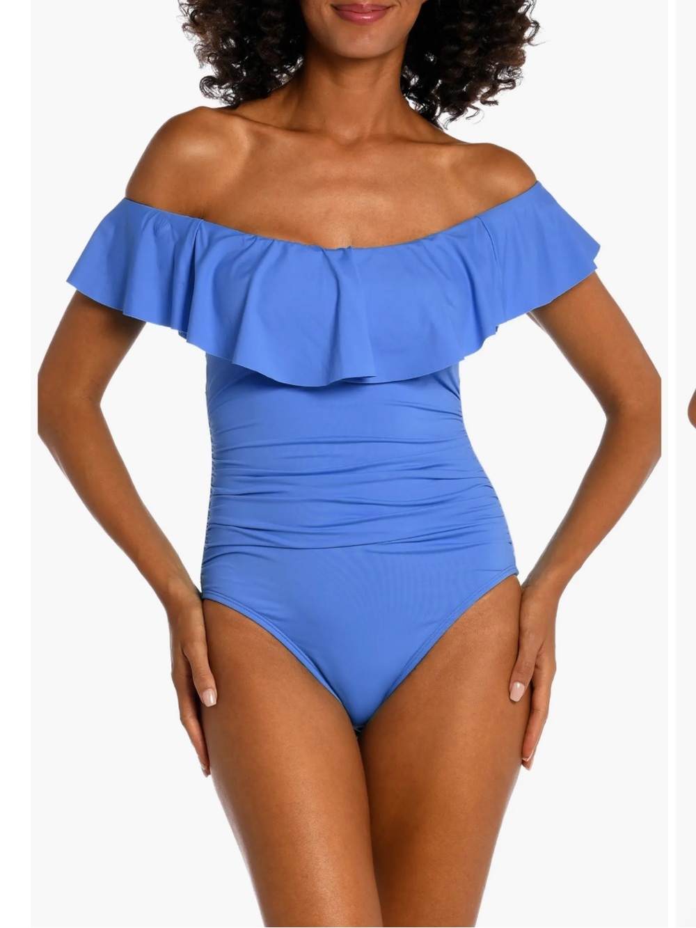 La Blanca Off the Shoulder Ruffle One-Piece Swimsuit Chambray Blue Size 10